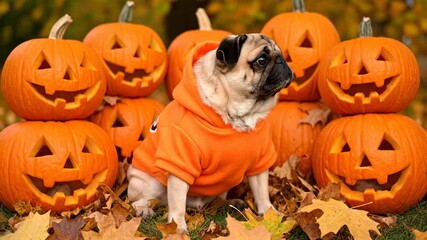 Festive Pug Surrounded by Halloween Pumpkins - A charming pug dressed in an orange hoodie sits amidst a backdrop of carved Halloween pumpkins, each displaying cheerful faces.