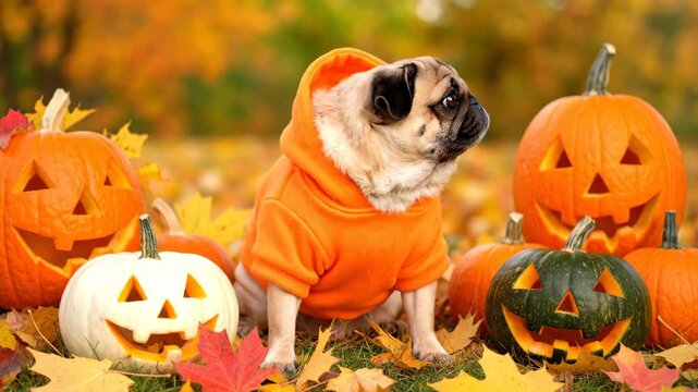 Adorable Pug in Halloween Setting - This charming video features a pug wearing an orange hoodie, sitting amidst a vibrant autumn landscape filled with colorful leaves.