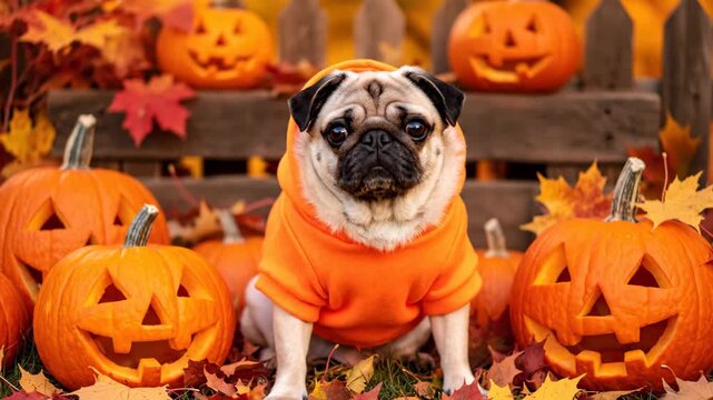 Halloween Pug in Pumpkin Patch - A cute pug wearing an orange hoodie sits surrounded by carved pumpkins in a colorful autumn setting.