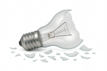 Broken light bulb showing shattered glass fragments on a transparent background, representing failure, ideas, and innovation ending