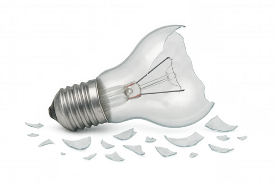 Broken light bulb showing shattered glass fragments on a transparent background, representing failure, ideas, and innovation ending