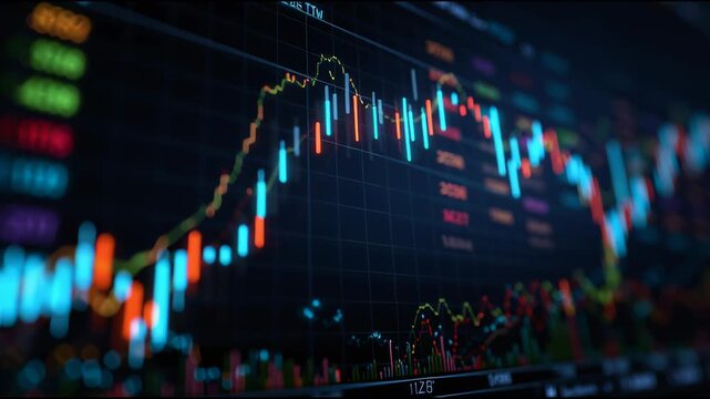 Financial Data Dynamics: A close-up view of a digital display illuminates with intricate financial charts and data visualizations, showcasing the ebb and flow of market trends with vibrant detail.
