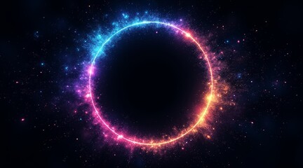 Fantastic lens flare and halo of light. A glowing circular ring of multicolored particles