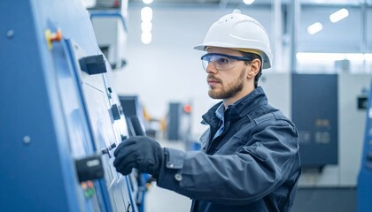 Male engineer carefully inspecting industrial machinery for quality control in a modern factory with precision engineering environment