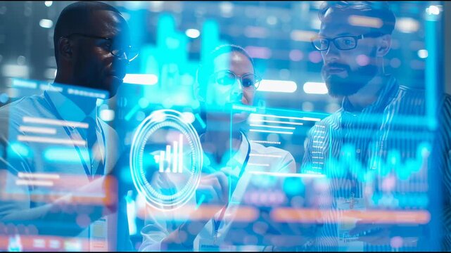 Data Analysis Team: Three professionals huddle around interactive digital displays, analyzing complex datasets to make informed decisions.