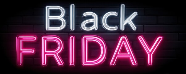 Black Friday neon sign glowing on a dark brick background