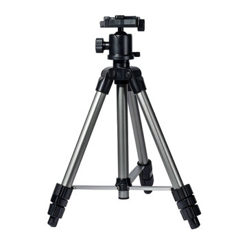 A portable tripod with extendable legs and a camera mount is ready for use.