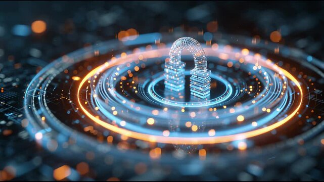 Digital Fortress: A stunning close-up of a digital padlock, embedded within a glowing network of circuits, creating an aura of cutting-edge technology and secure digital infrastructure.