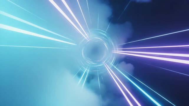 Light tunnel flying through luminous clouds with glowing streaks and cinematic motion depth.
