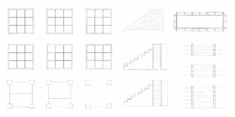 Architectural sketches show building elements including windows stairs and structural components in a grid layout
