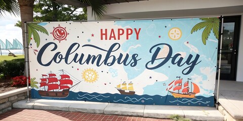 Festive columbus day celebration banner featuring sailing ships palm trees and nautical elements for a joyful holiday gathering