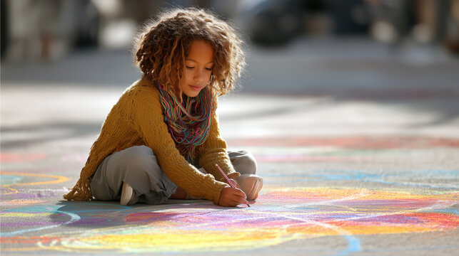 A young Latina girl sits on the warm sidewalk, creating vibrant chalk art in the sunshine. She is focused and happy, surrounded by a cheerful outdoor atmosphere