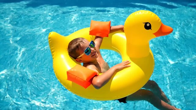 Joyful Child in Pool with Inflatable Duck Float - A cheerful young boy is enjoying a sunny day in a pool while floating on a bright yellow inflatable duck.