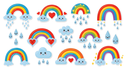 Cartoon rainbows with heart, rain drops for kids. Cute bright colorful arch elements isolated vector set