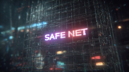 Obraz premium A futuristic digital display showcasing the phrase 'SAFE NET' in neon colors against a high-tech background.