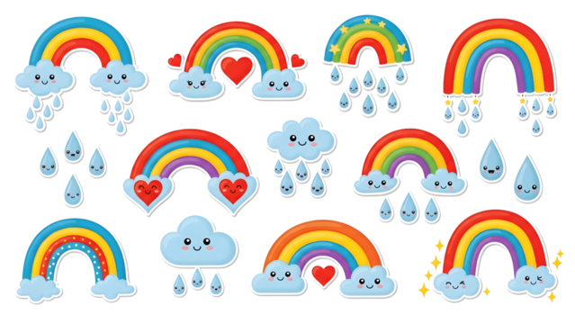 Cartoon rainbows with heart, rain drops for kids. Cute bright colorful arch elements isolated vector set
