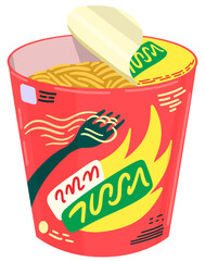 Open Cup of Instant Noodles with Yellow and Green Design on Red Packaging Featuring a Fork and Noodles on a Transparent Background