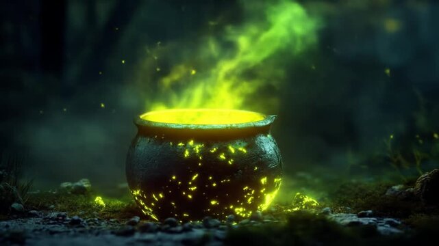 Cauldron with glowing green liquid in a dark forest setting
