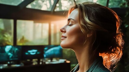 A serene woman enjoys a moment of mindfulness, surrounded by natural light and tranquil surroundings.
