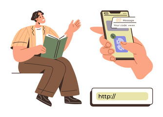 Man reading a book while phone displays code verification and fingerprint access. Ideal for learning, technology, mobile security, biometrics, online safety, multitasking, simple flat metaphor