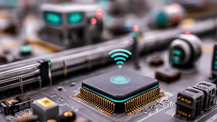 Close-up of a microchip on a circuit board with a glowing wireless icon symbolizing connectivity.