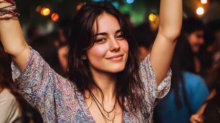 A joyful woman dancing at a lively party, surrounded by colorful lights and an energetic crowd.