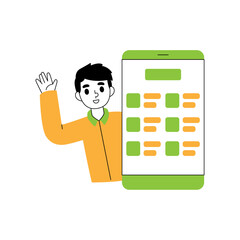 Man Waving Hand Next To Large Smartphone Display Showing App Interface With Green Accents And Orange Elements Flat Illustration On White Background Studio Shot