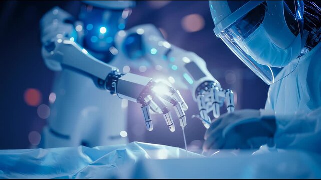 Robotic Precision in Surgery: A detailed view of robotic arms performing a surgical procedure, showcasing the precise movements and technological advancements in modern medicine. 