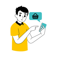 Man Wearing Yellow Shirt Points to Blue Smartphone Displaying Shopping Cart Icon With Black Outline and Transparent Background