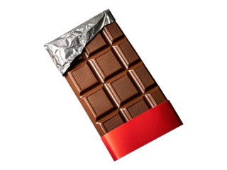 Milk Chocolate Bar in Red Wrapper with Silver Foil Packaging Isolated on Transparent Background