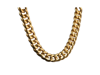 Thick golden metal cuban chain necklace with reflection isolated on transparent background
