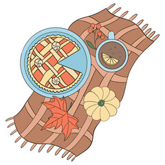Thanksgiving illustration with pie, tea cup, pumpkin and leaf