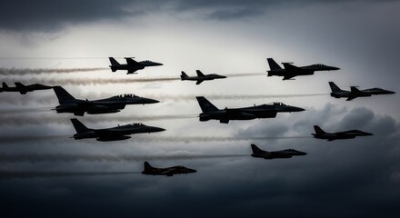 Formation of fighter jets flying in orchestrated aerial combat maneuvers against a dramatic cloudy sky creating smoke trails