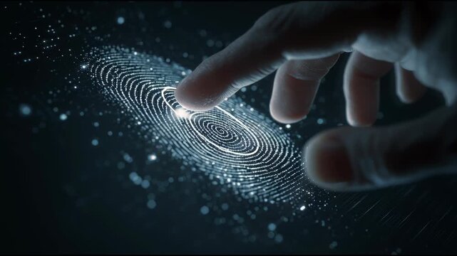 Digital Touch: A close-up view of a hand interacting with a futuristic digital interface, touching a glowing fingerprint. Illustrating biometric identification and data security.