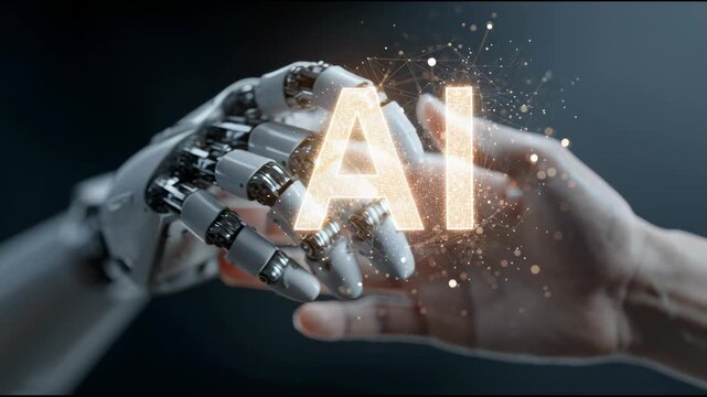 AI and Human Touch: This image captures a compelling moment of connection between the human hand and robotic hand, symbolizing the fusion of human interaction and artificial intelligence. 
