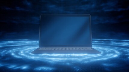 Close up view of sleek contemporary laptop computer showcasing brilliant captivating blue display screen in workspace setting.