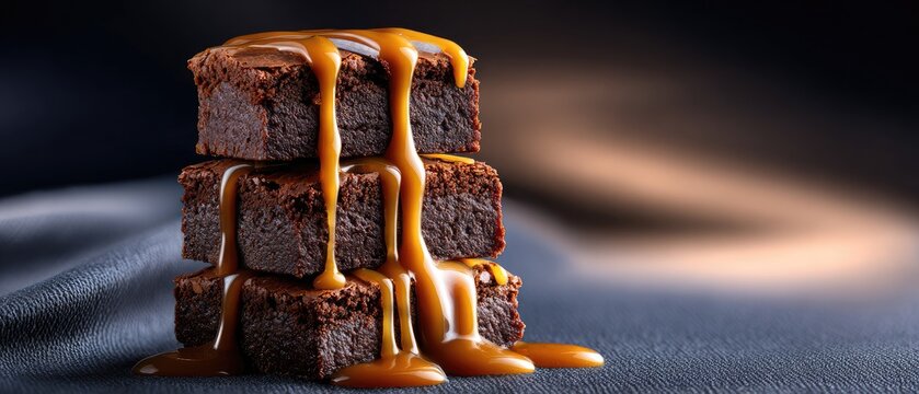 dessert brownie aesthetic concept. Delicious brown squares drizzled with caramel sauce on a textured surface.