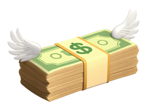 Stack of Cash with Wings, Dollar Bills Flying Away Finance and Economy Concept on Transparent Background