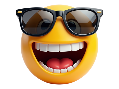 Cool Smiling Emoji Wearing Sunglasses with Open Mouth Expressing Joy on Transparent Background