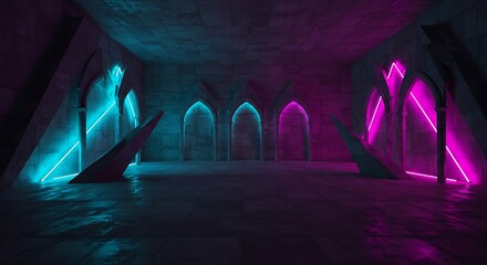 Empty square room with Abstract concrete gothic interior with neon lighting