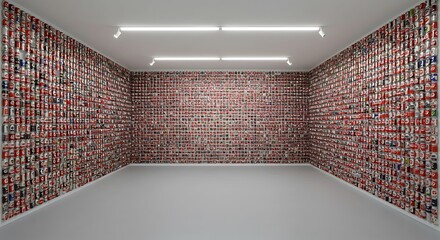 Empty square room with Repeating pattern of soda cans on wall