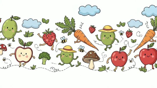 A whimsical border of cheerful, cartoon-style fruits and vegetables, including apples, carrots, peas, and strawberries, with happy expressions.