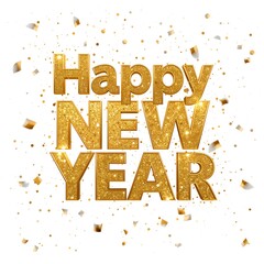Golden Glittering Happy New Year Text with Confetti, Celebration, Holiday Greetings, Festive Atmosphere