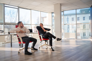 Fototapeta premium Two Caucasian men having fun at work. 