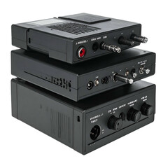 Obraz premium Black electronic audio equipment devices stacked together.