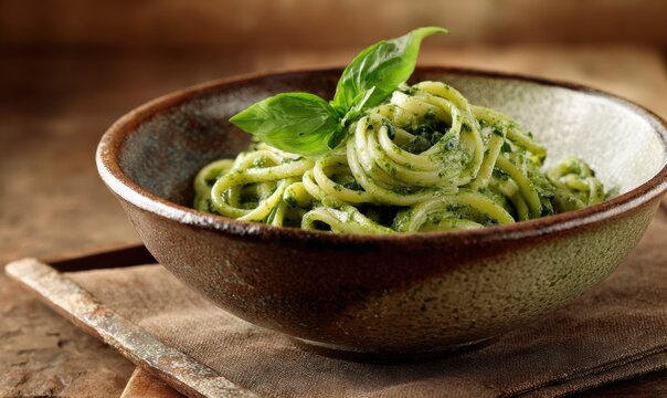 Delicious pesto pasta dish in a rustic ceramic bowl, garnished with fresh basil leaves.