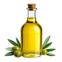 Clear glass bottle with cork contains golden oil and olives.