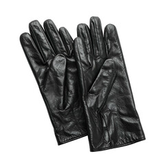 Black leather gloves displayed against a dark background.