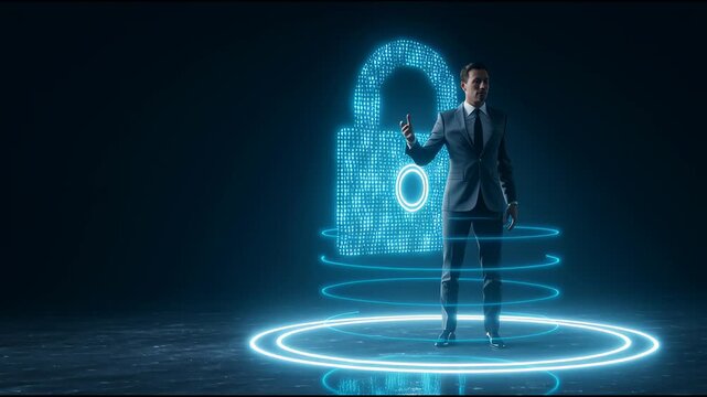 Securing Data in the Digital Realm: A sharply dressed figure interacts with a holographic lock symbol, encapsulating the essence of digital security, protection.