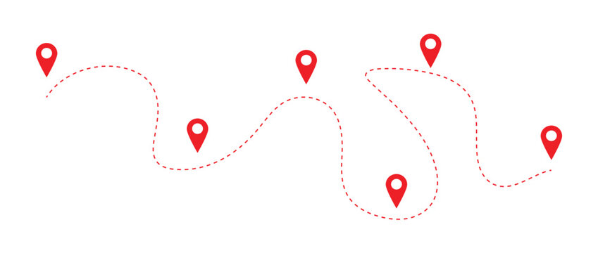 Red Travel Route Map Vector &ndash; Minimalist Dotted Path with Location Pins for Navigation and Journey Tracking